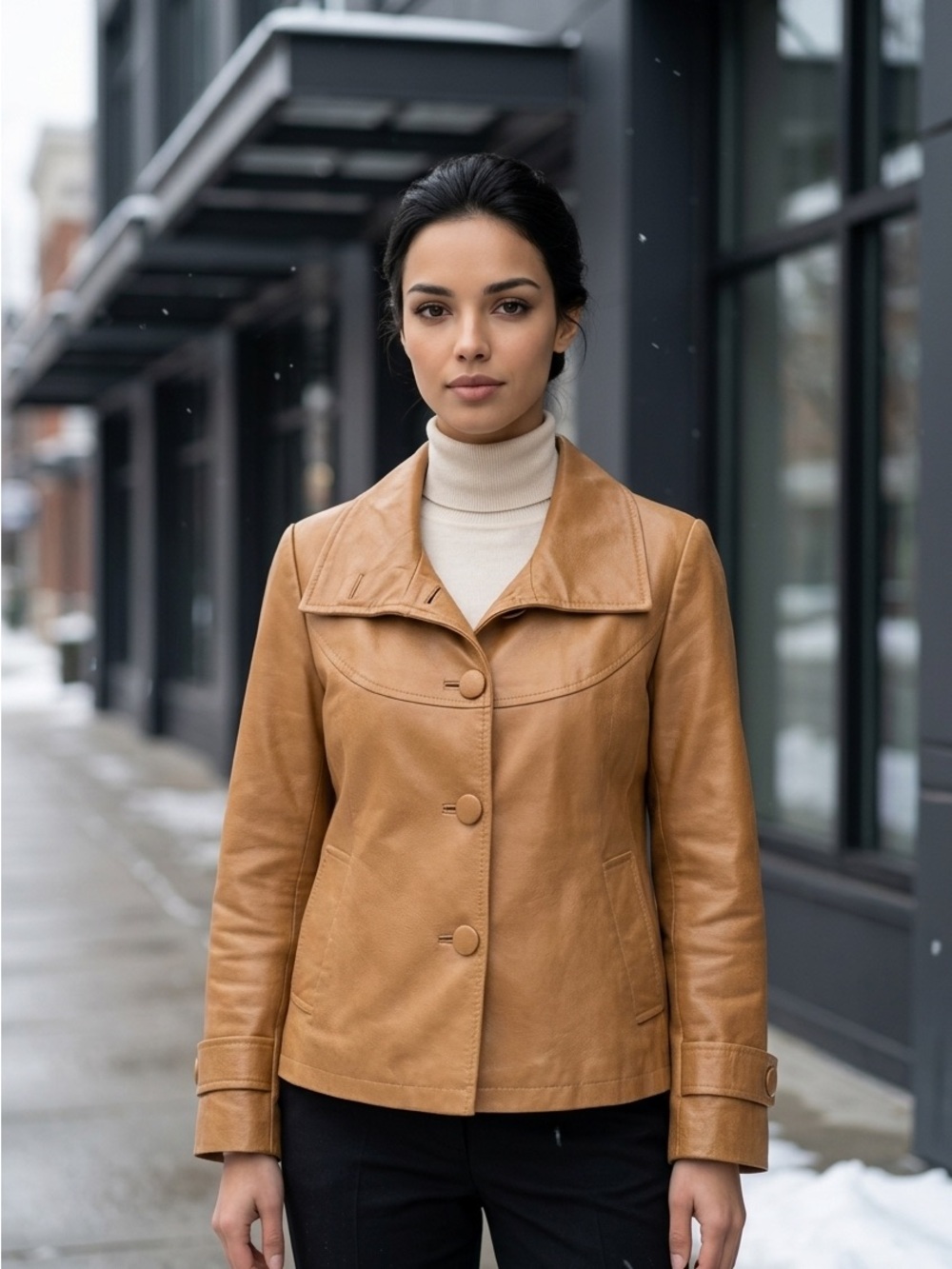Suede Brand Stylish Fitted Classic Caramel Tan Leather Button-Front Jacket-M